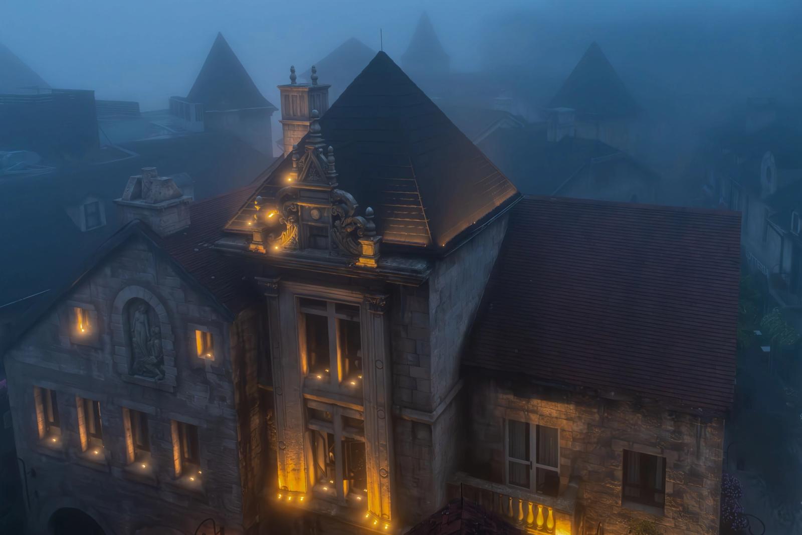 Aerial shot of a foggy evening with a lit historic building in Da Nang, Vietnam