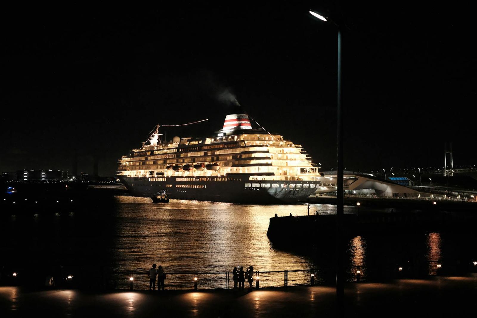 A large cruise ship docked at a harbour at night beneath a tall street lamp