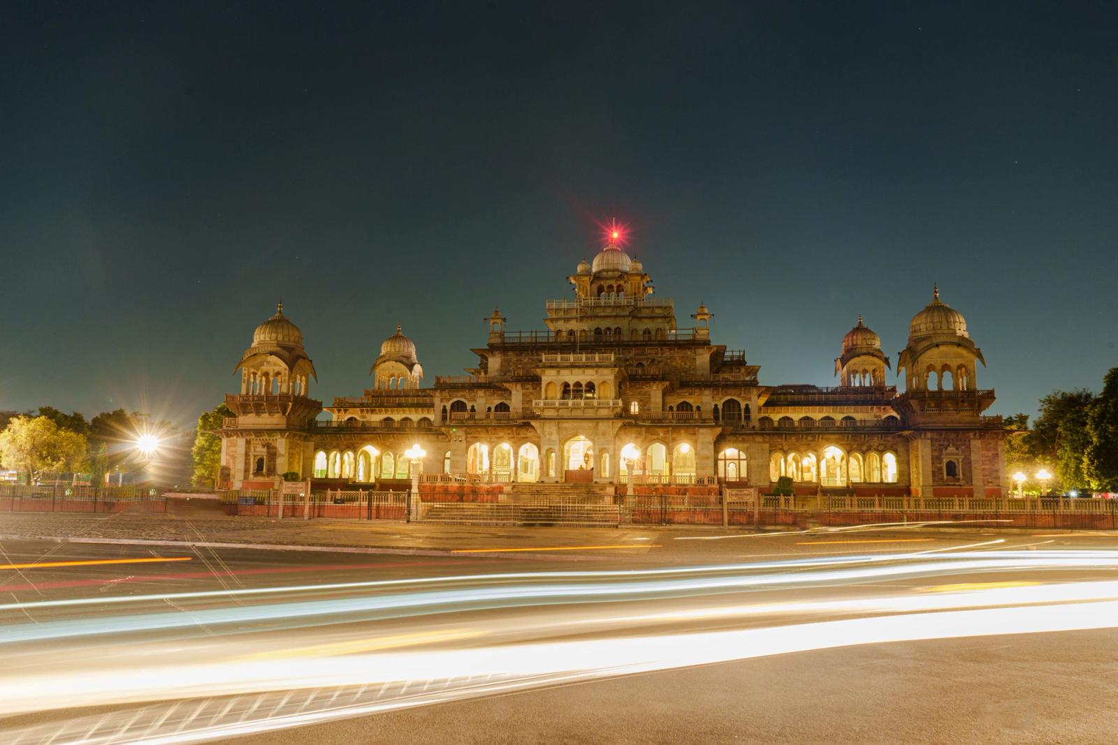Nighttime long exposure of Albert Hall Museum, Jaipur with light trails