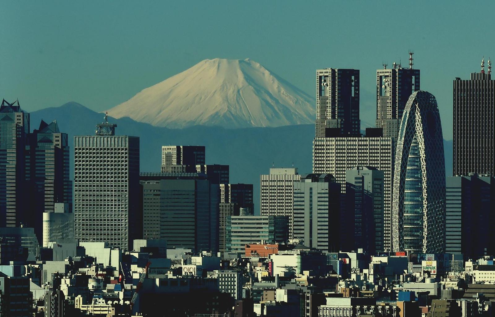 A snow-capped volcano rising behind a dense city skyline