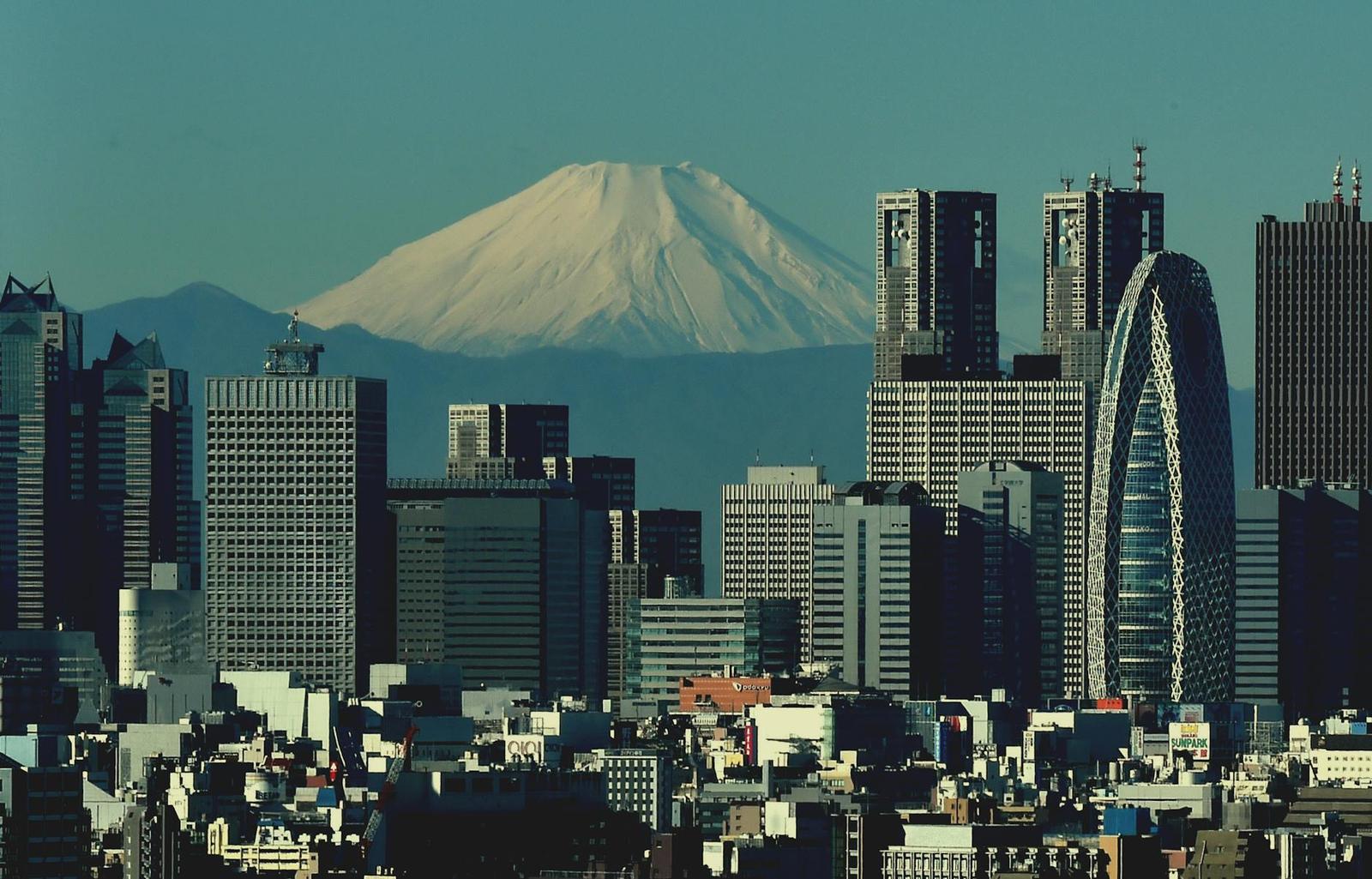 A snow-capped volcano rising behind a dense city skyline