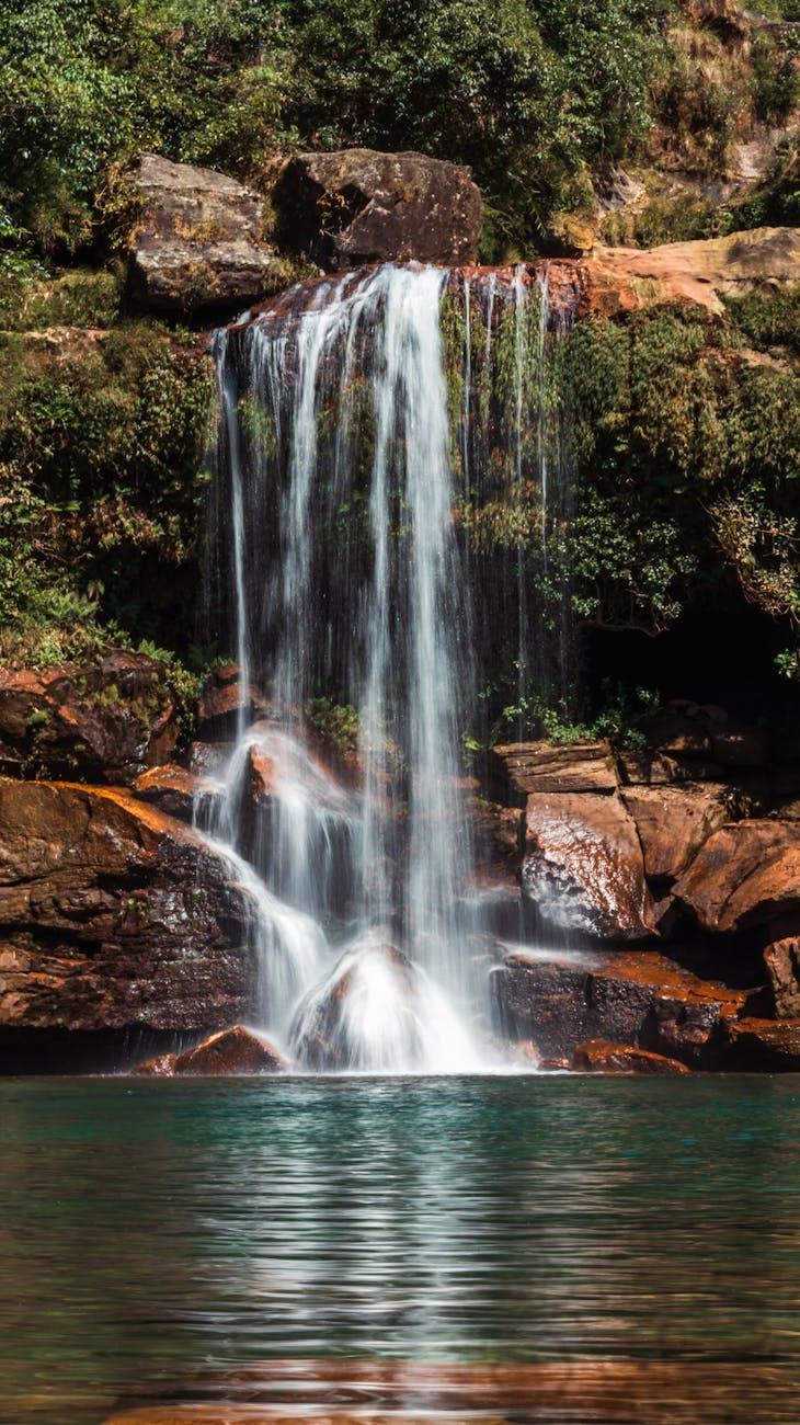 Scenic waterfall cascading in lush setting in Cherrapunji, Meghalaya, India
