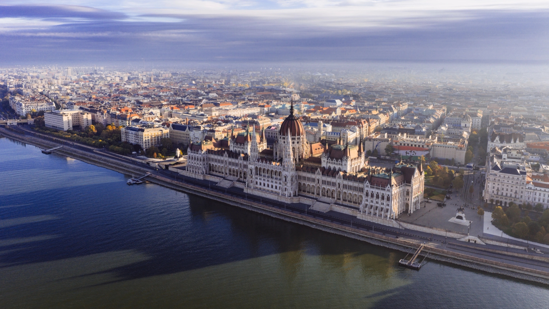 Stunning aerial shot of the Hungarian Parliament Building along the Danube River in Budapest