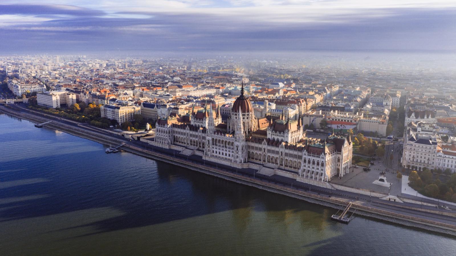 Stunning aerial shot of the Hungarian Parliament Building along the Danube River in Budapest
