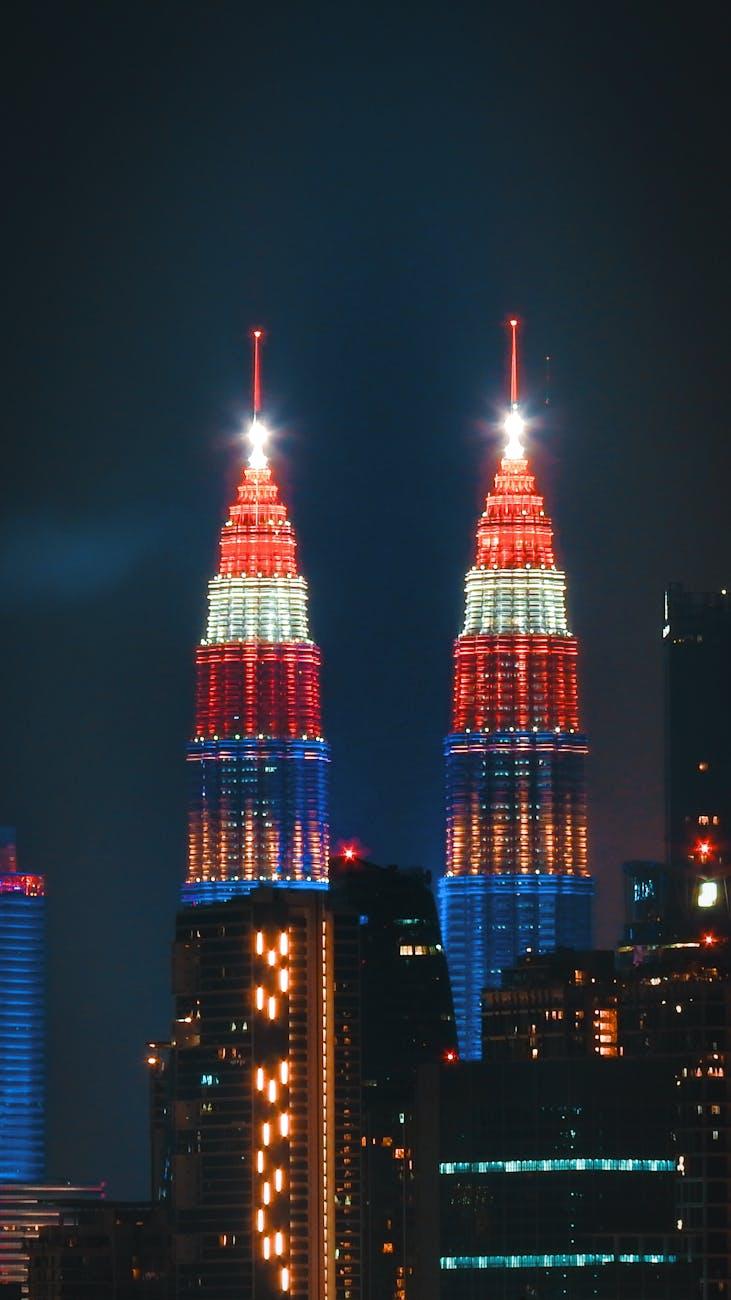 Vibrant lighting on Petronas Twin Towers in Kuala Lumpur at night