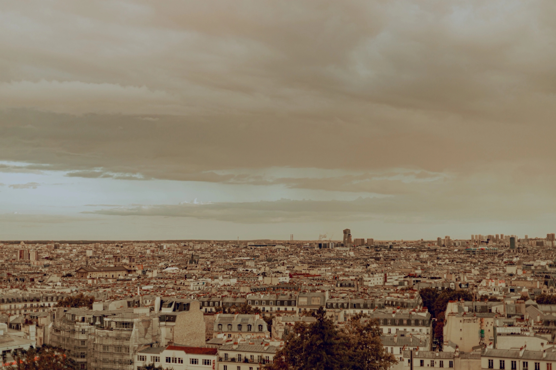 Panoramic view of Paris under an overcast sky, capturing the urban landscape in autumn