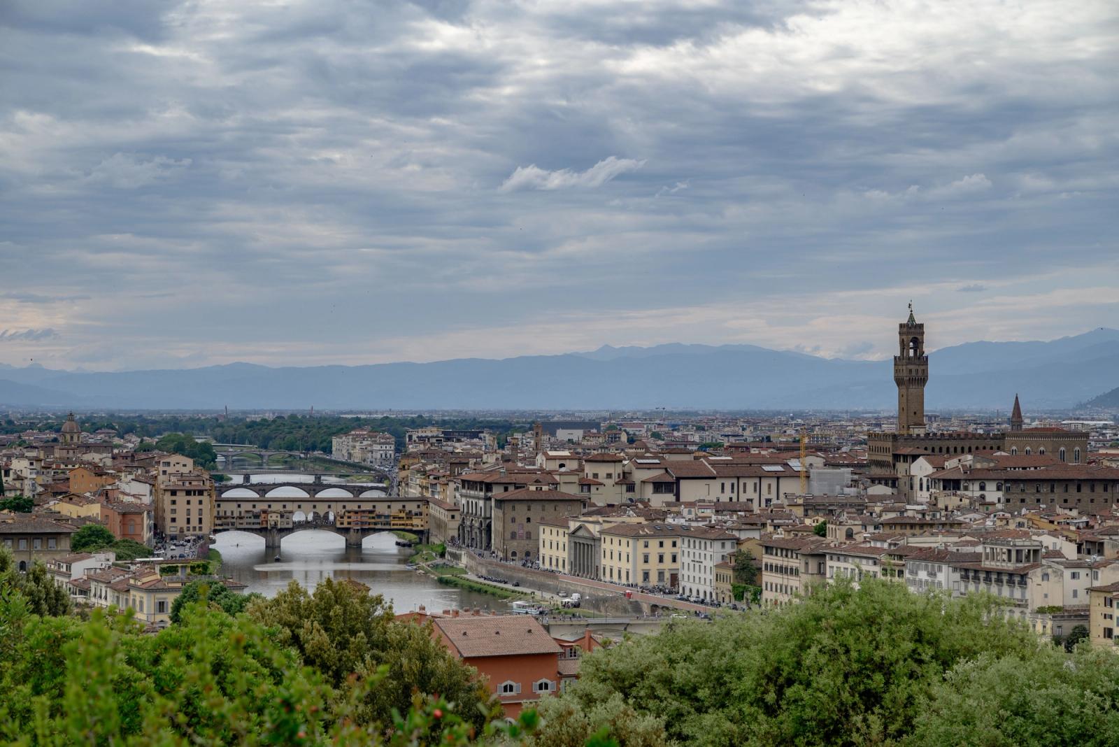 A breathtaking panoramic view of Florence, Italy with iconic landmarks and bridges