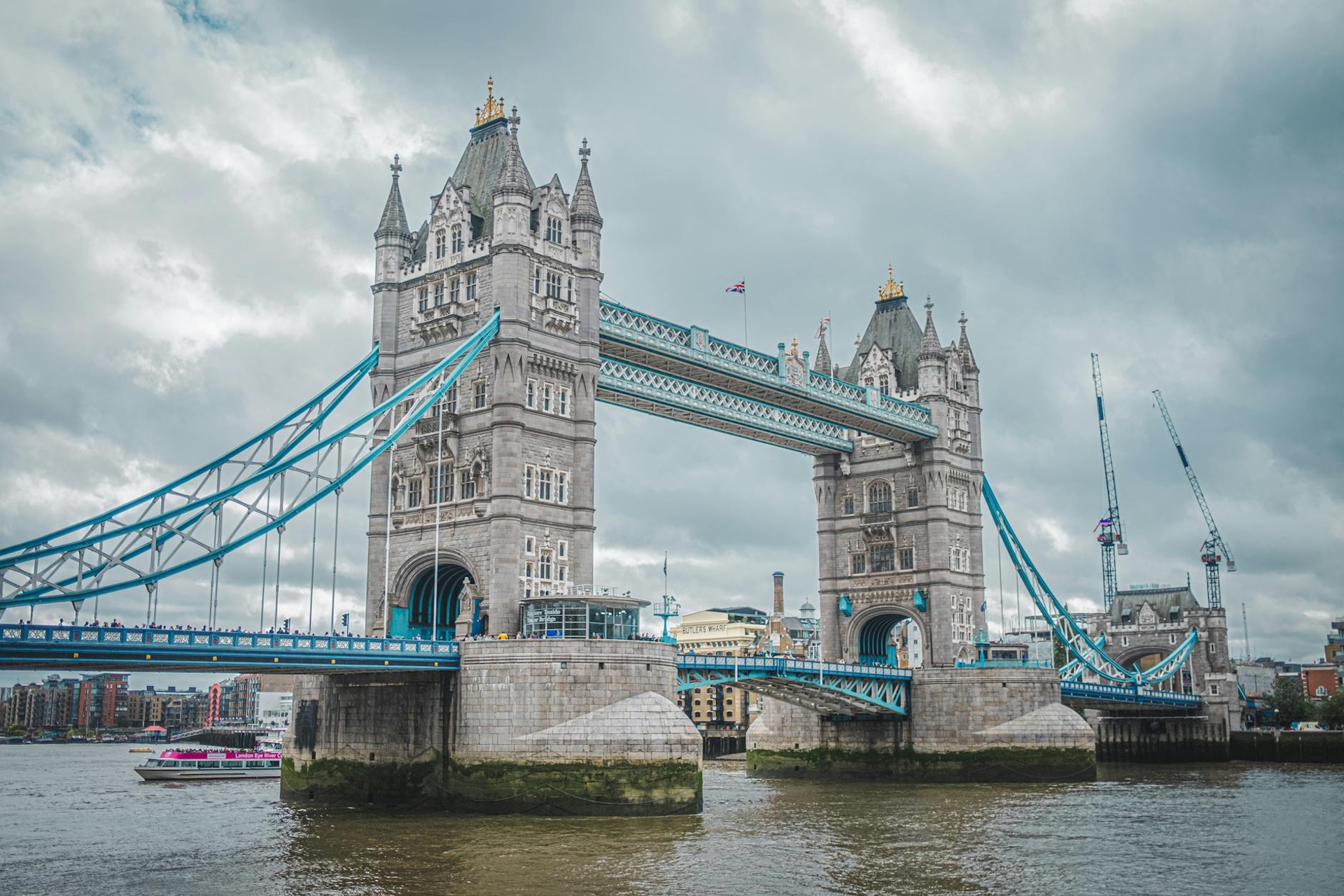 Scenic view of Tower Bridge in London on an overcast day