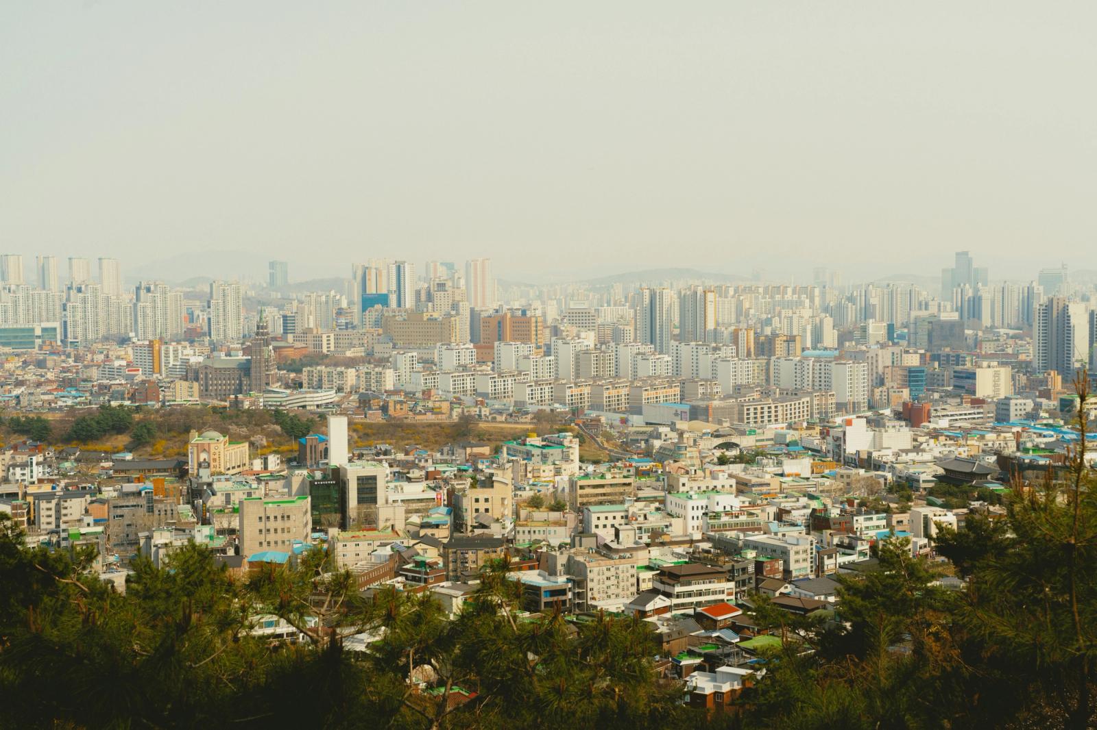 Aerial view of Seoul, South Korea showcasing urban cityscape and high-rise buildings on a clear day