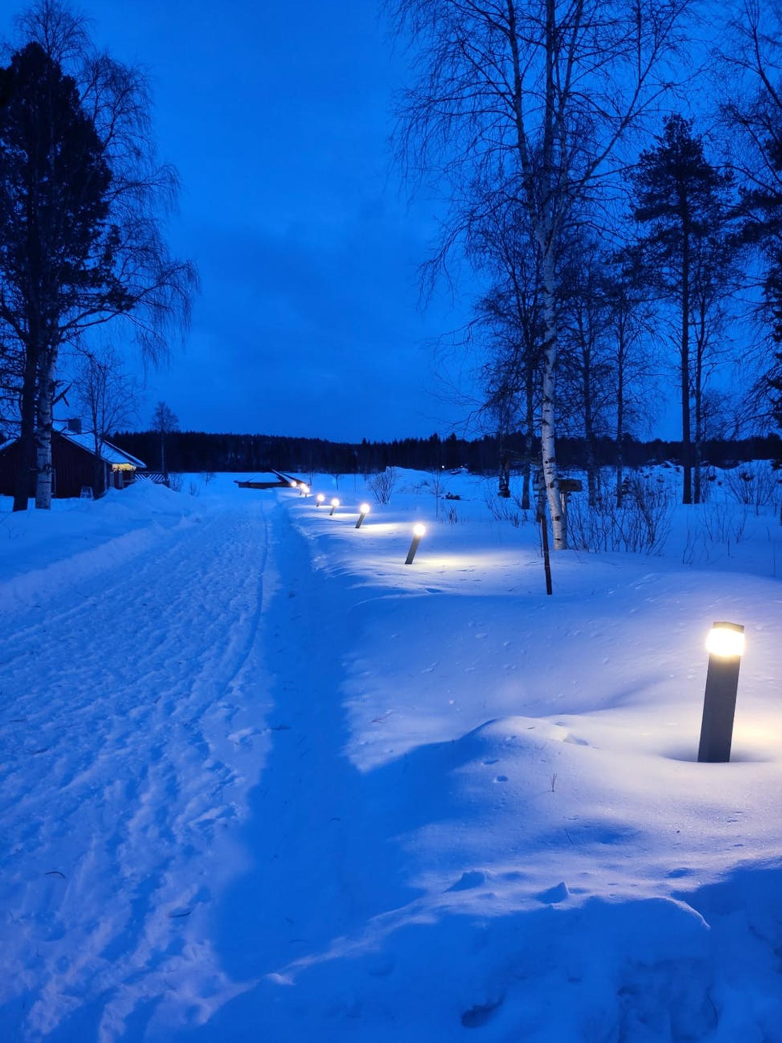 Lamp-lit snow path leading toward a cabin at dusk