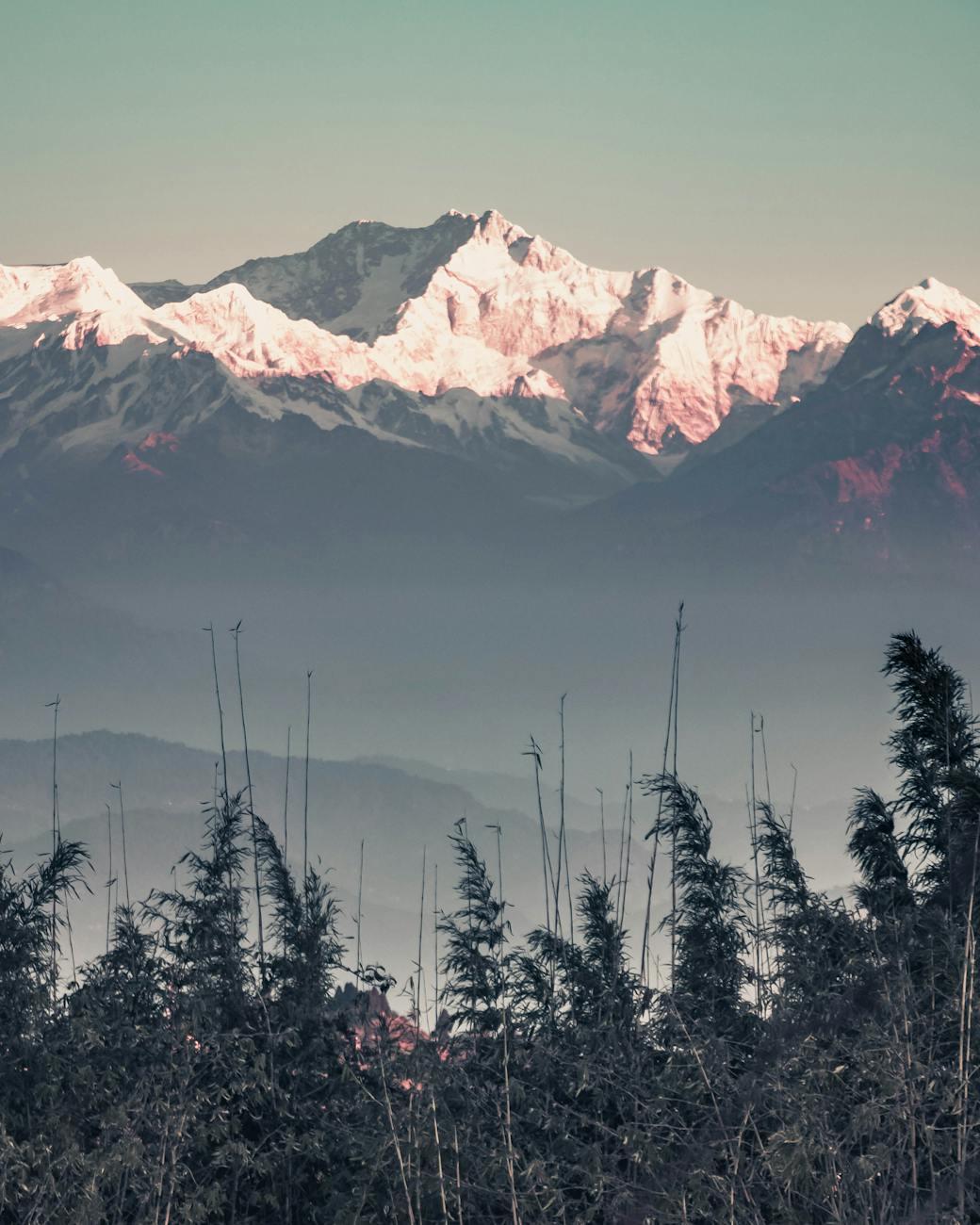 Scenic view of snow-covered Himalayan mountains at sunrise from Darjeeling, India