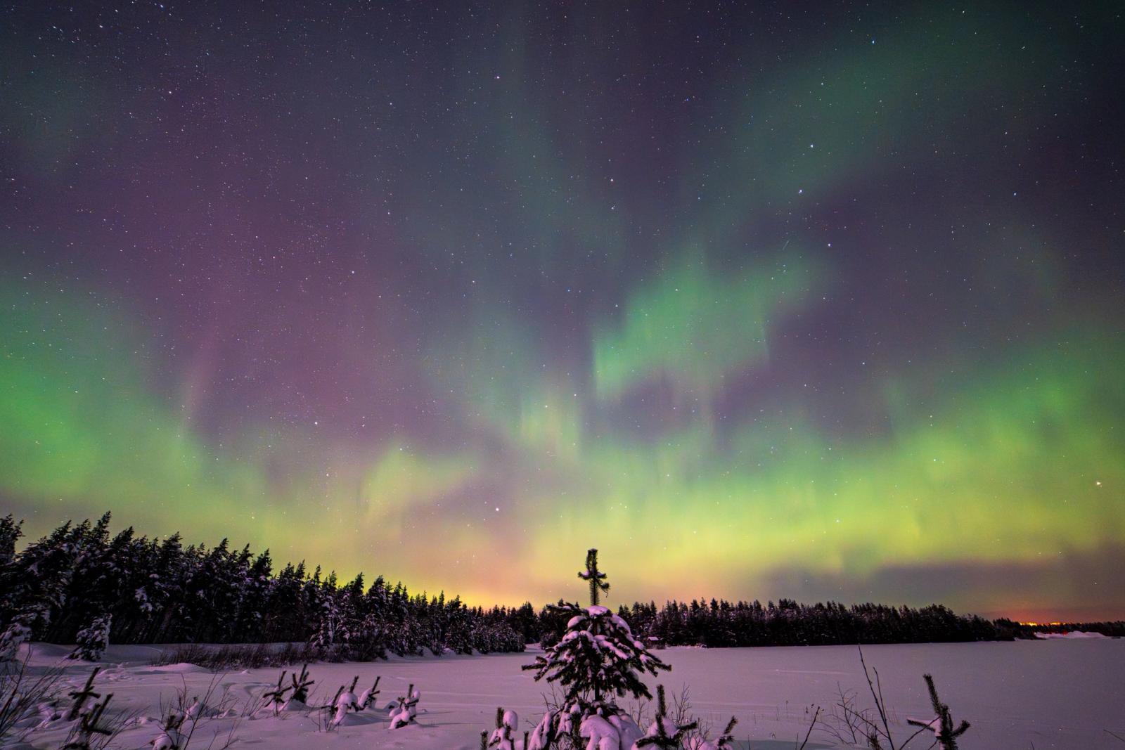 Captivating northern lights illuminate the winter night sky over a serene snowy landscape in Kemi, Finland