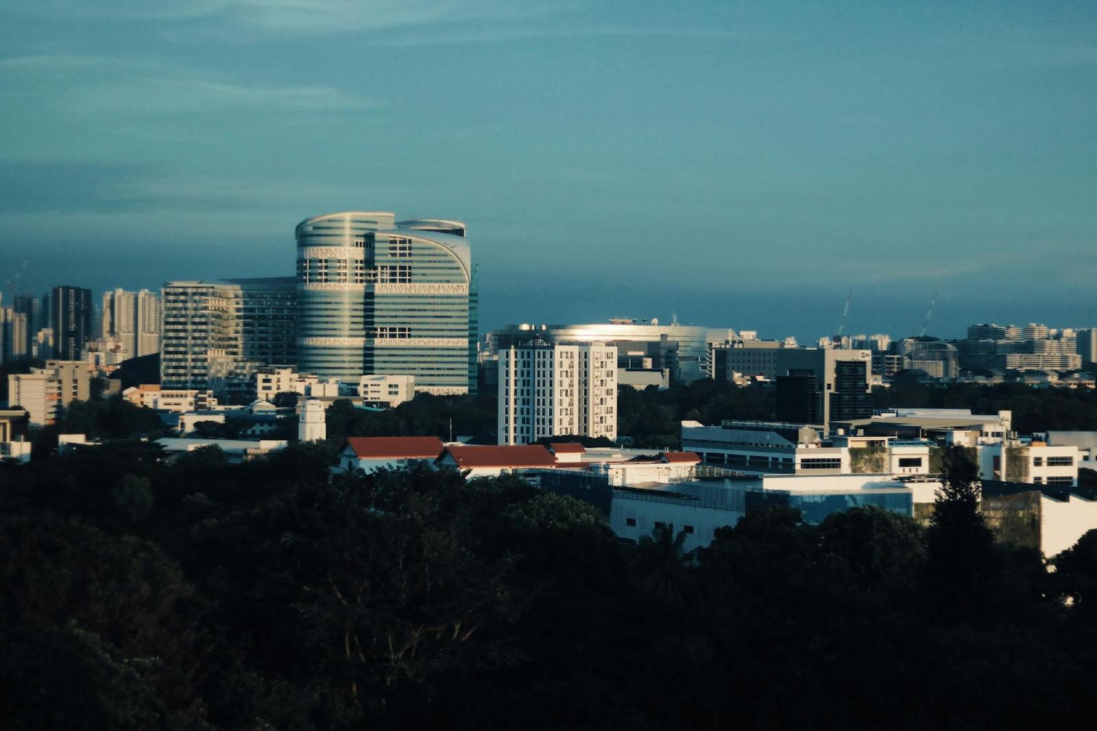A curved high-rise tower among lower rooftops with the sea in the distance