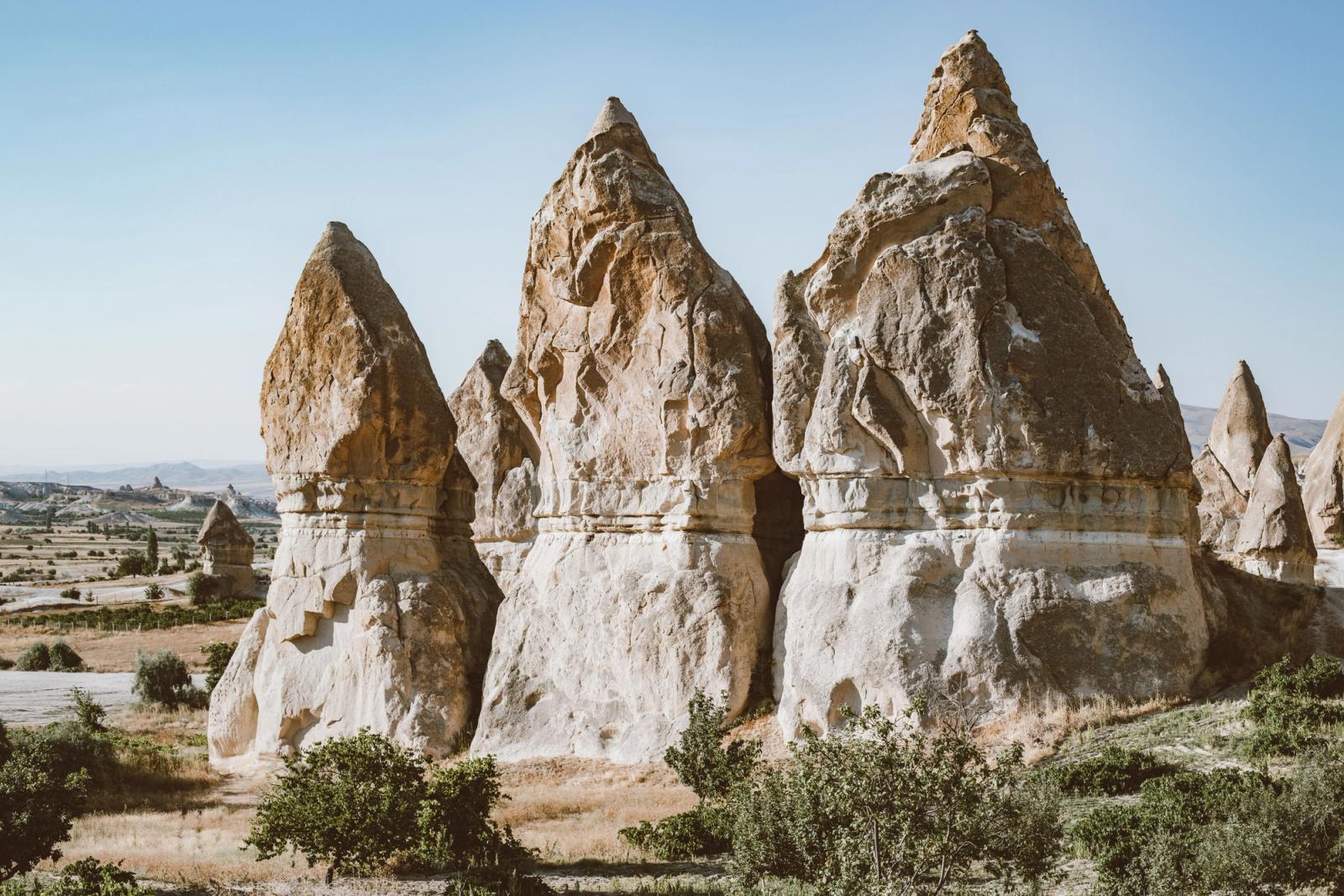 Stunning rock formations in Cappadocia, Turkey under a clear blue sky