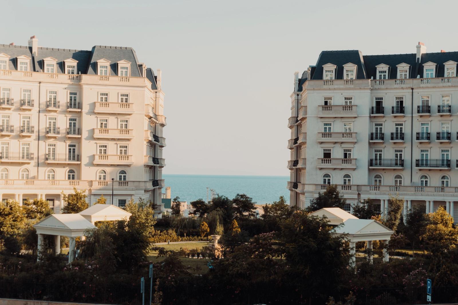 Charming residential buildings by the Caspian Sea in Baku, Azerbaijan, showcasing classic architecture