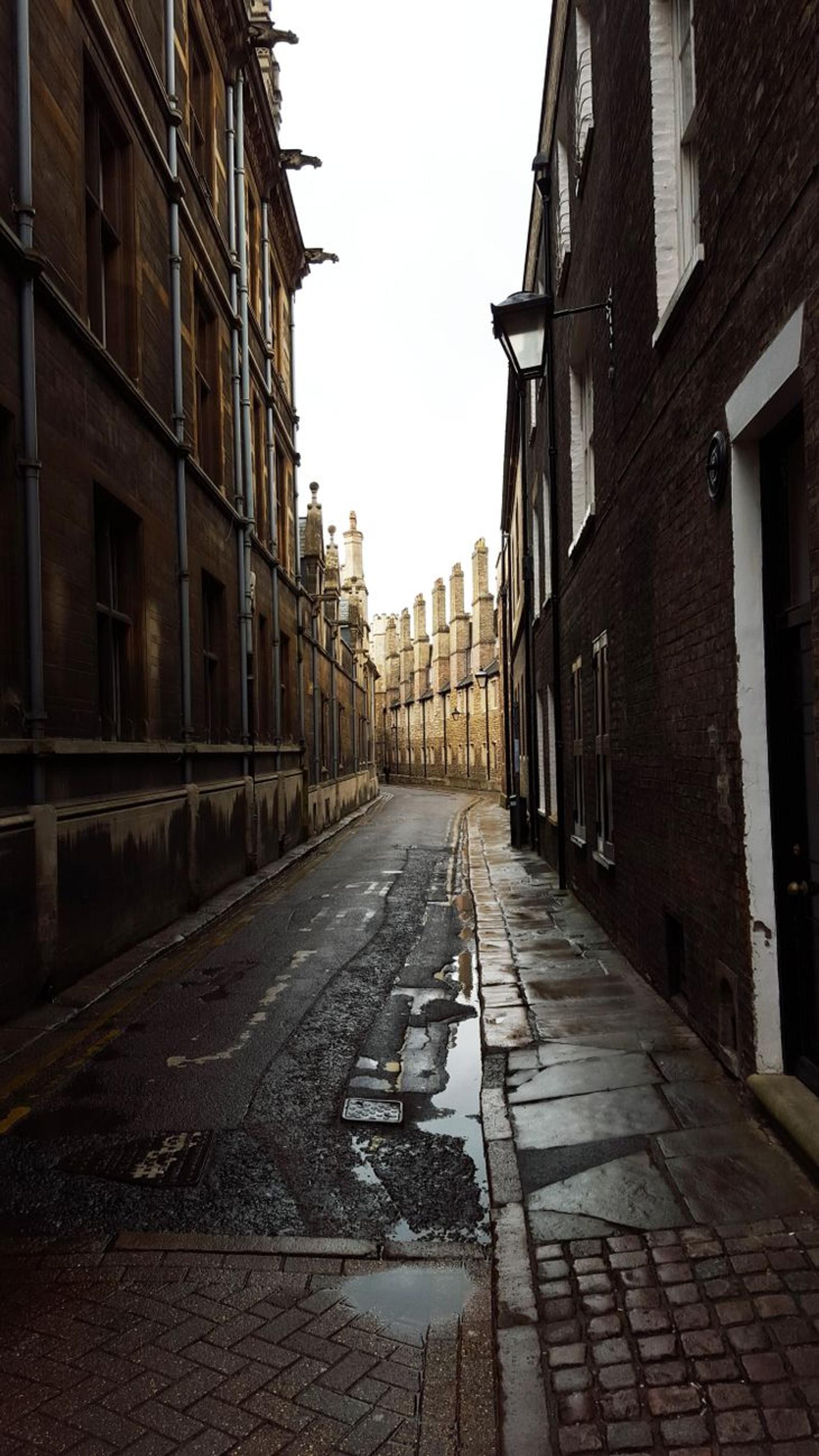 Narrow cobbled alley leading toward a row of ornate spires