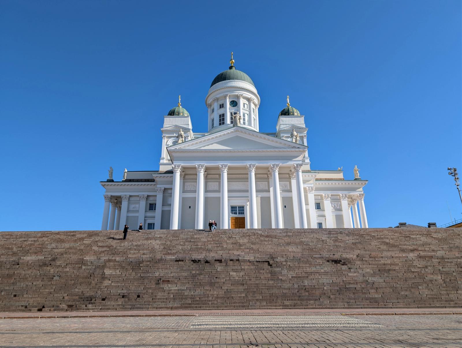 Elevated view of Helsinki Cathedral against a clear blue sky during day in Finland