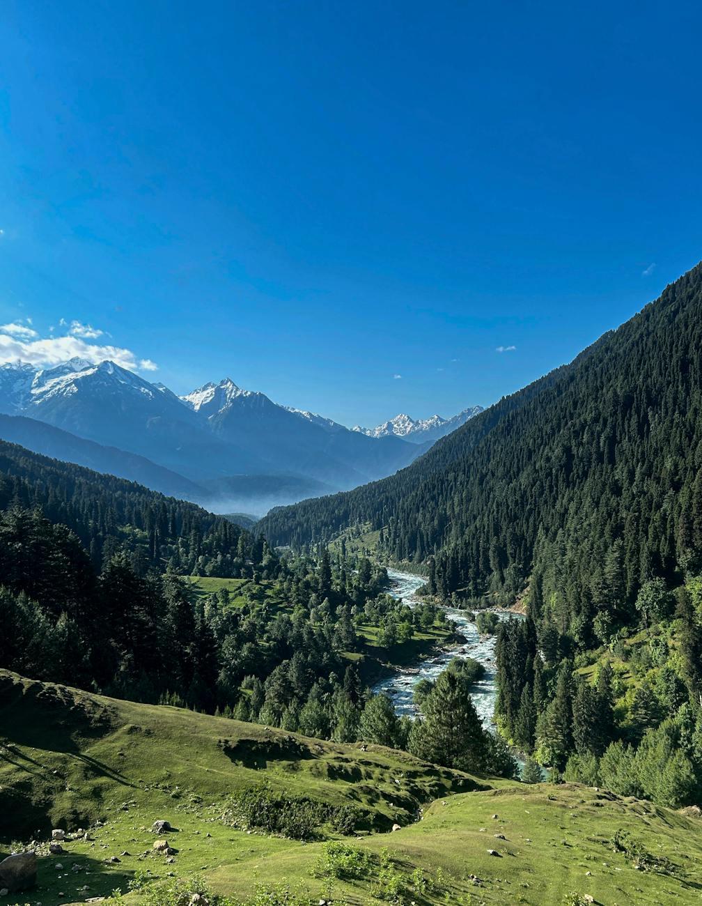 Breathtaking view of lush valleys and mountains in Pahalgam, Kashmir on a clear day