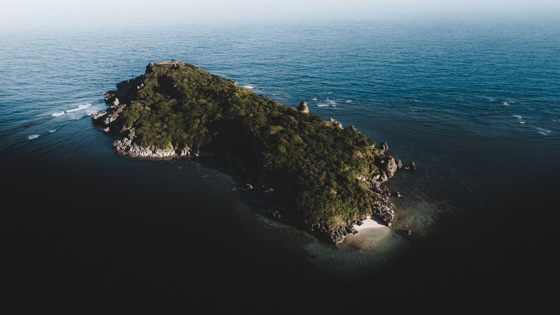 Aerial view of a small forested island surrounded by open sea