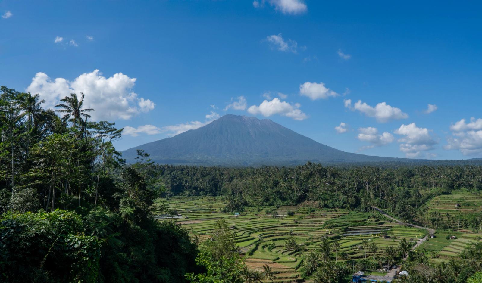 Breathtaking view of lush rice terraces and the majestic Mount Agung under a vibrant blue sky in Bali, Indonesia