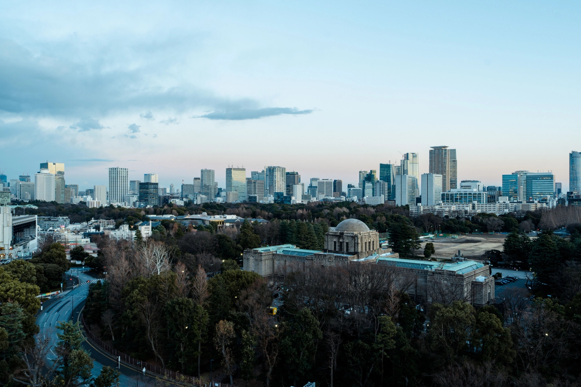 Stunning aerial shot of Tokyo skyline, highlighting the historic Aoyama Cemetery with modern skyscrapers in the background