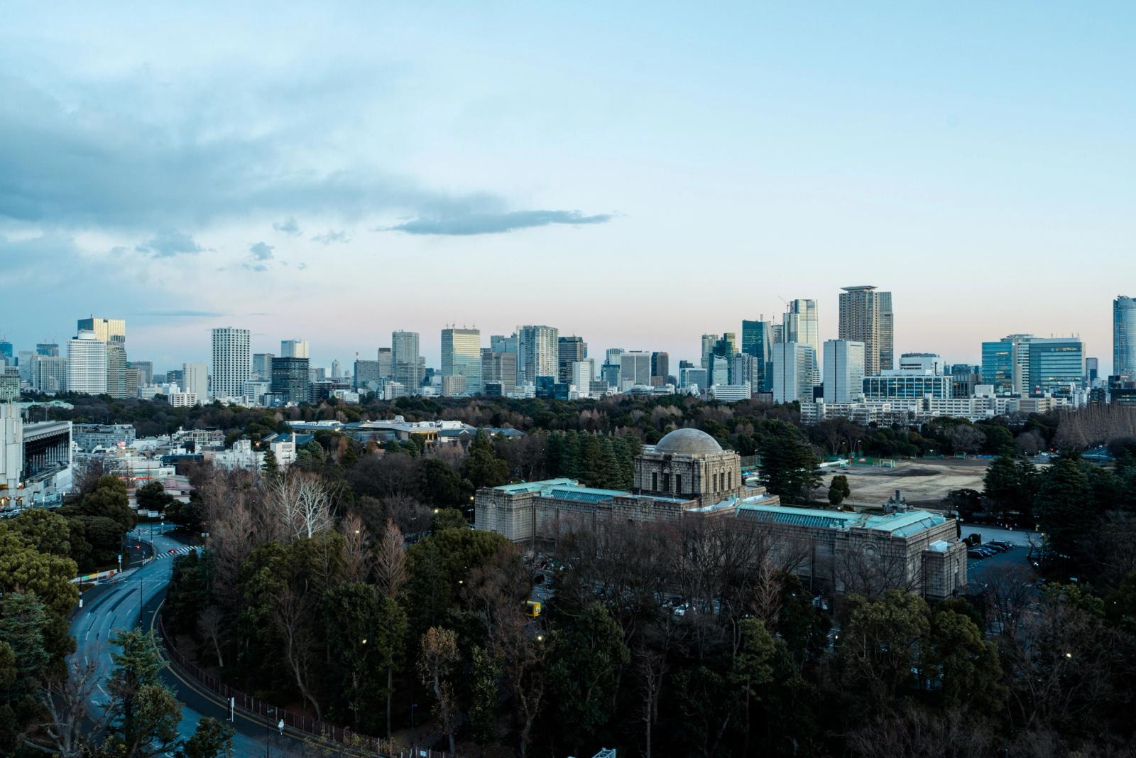 Stunning aerial shot of Tokyo skyline, highlighting the historic Aoyama Cemetery with modern skyscrapers in the background