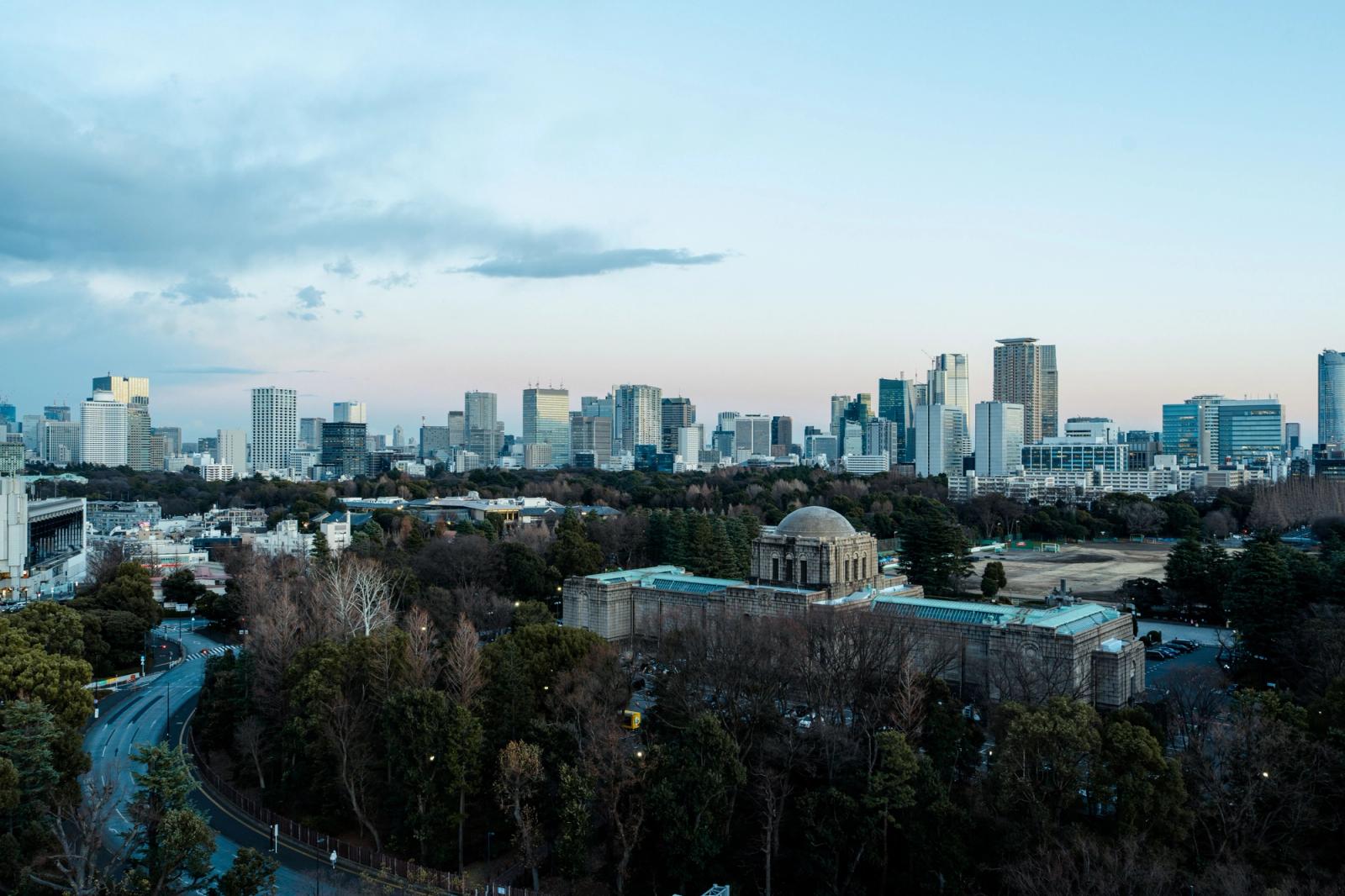 Stunning aerial shot of Tokyo skyline, highlighting the historic Aoyama Cemetery with modern skyscrapers in the background