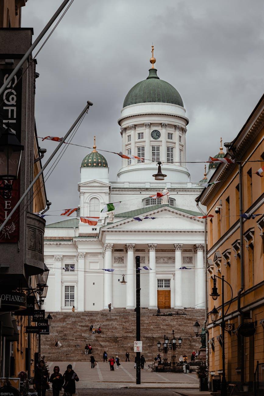 Dramatic view of Helsinki Cathedral amid city streets