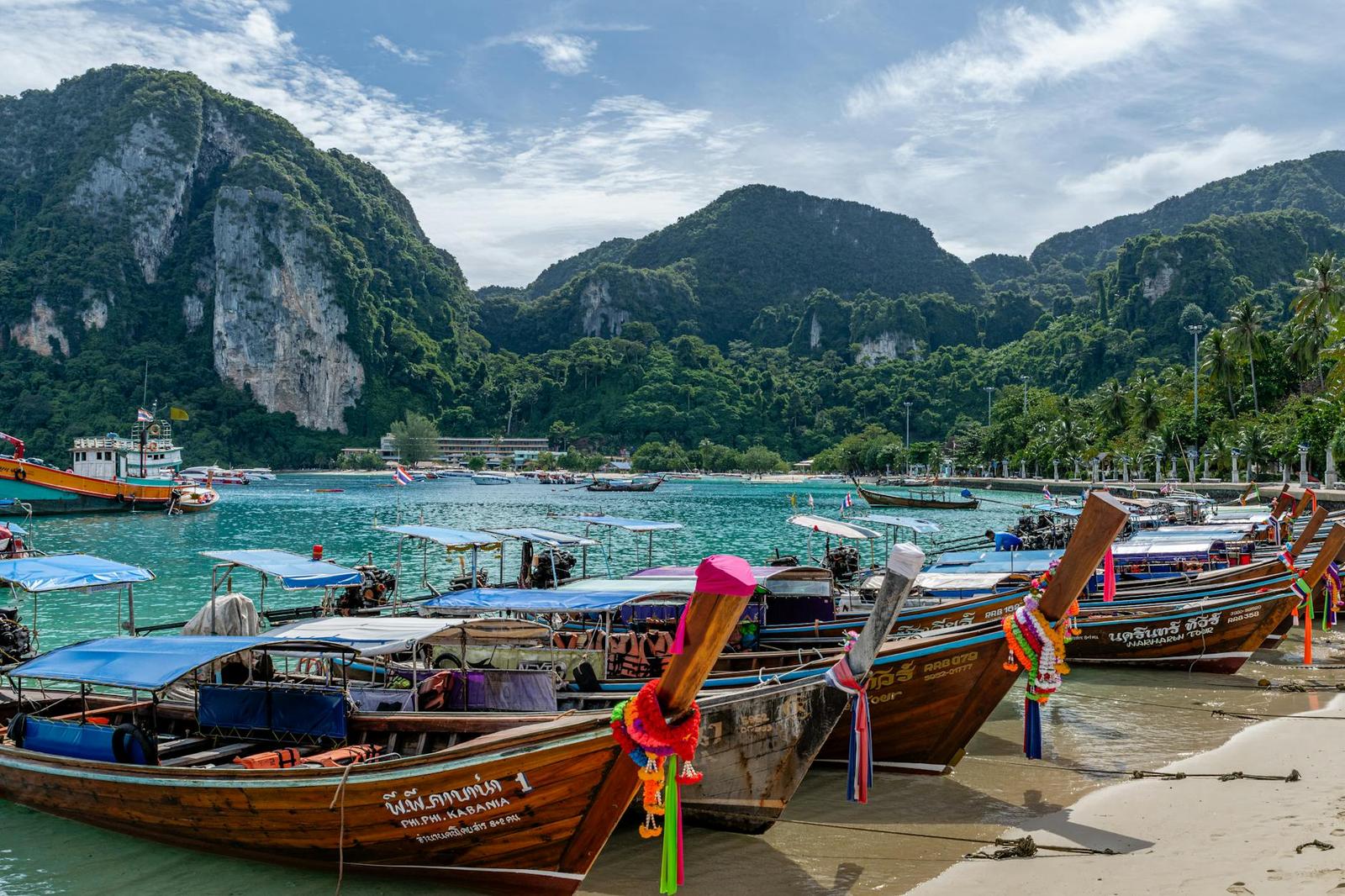 A row of longtail boats decorated with ribbons anchored near a forested bay