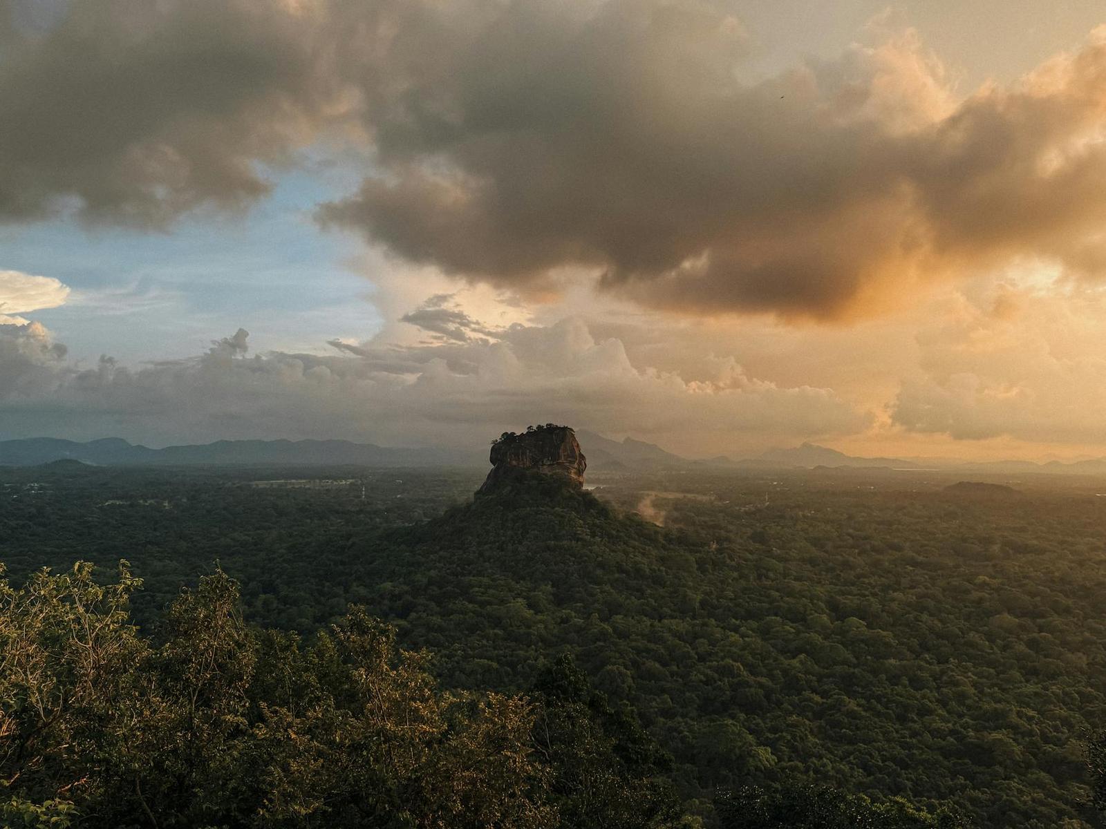 Flat-topped rock outcrop rising above jungle canopy at sunset