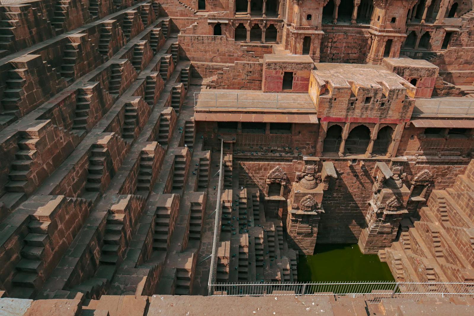 An intricate ancient stepwell showcasing Indian architecture in Bandikui, Rajasthan