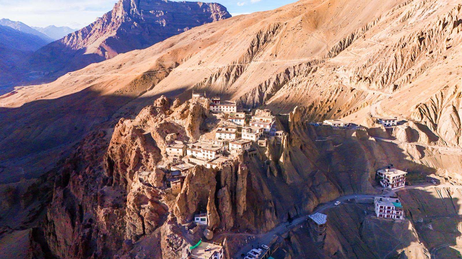 A stunning aerial view of Dhankar Village, nestled in the Spiti Valley, Himachal Pradesh, India