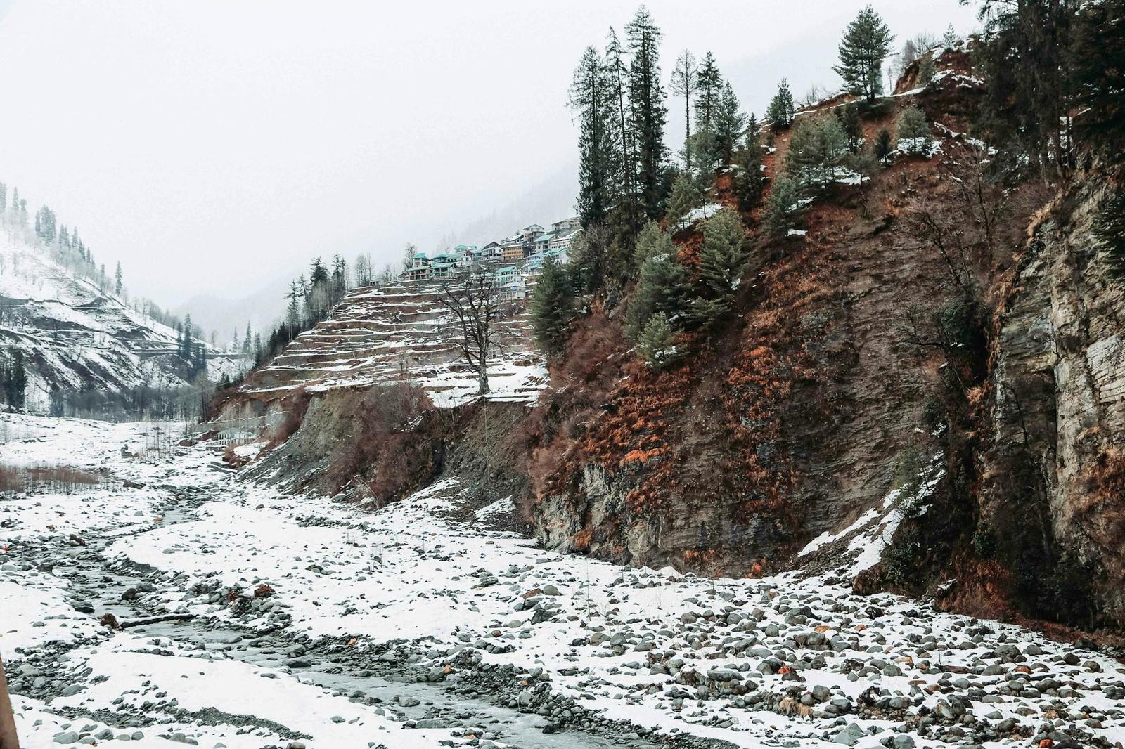 A rocky snow-dusted riverbank below a terraced hillside with pine trees