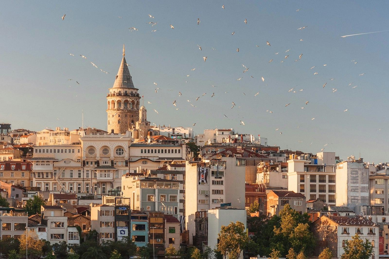 Istanbul skyline with the Galata Tower above the Bosphorus at dusk