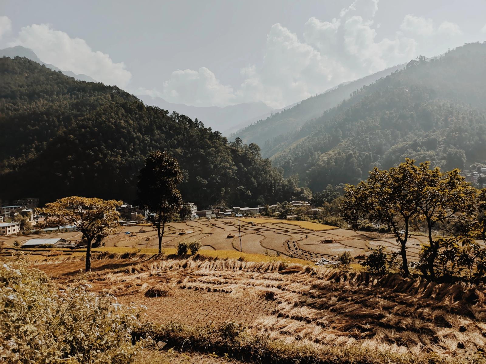 Scenic view of a rural farmland surrounded by mountains and trees under a clear sky