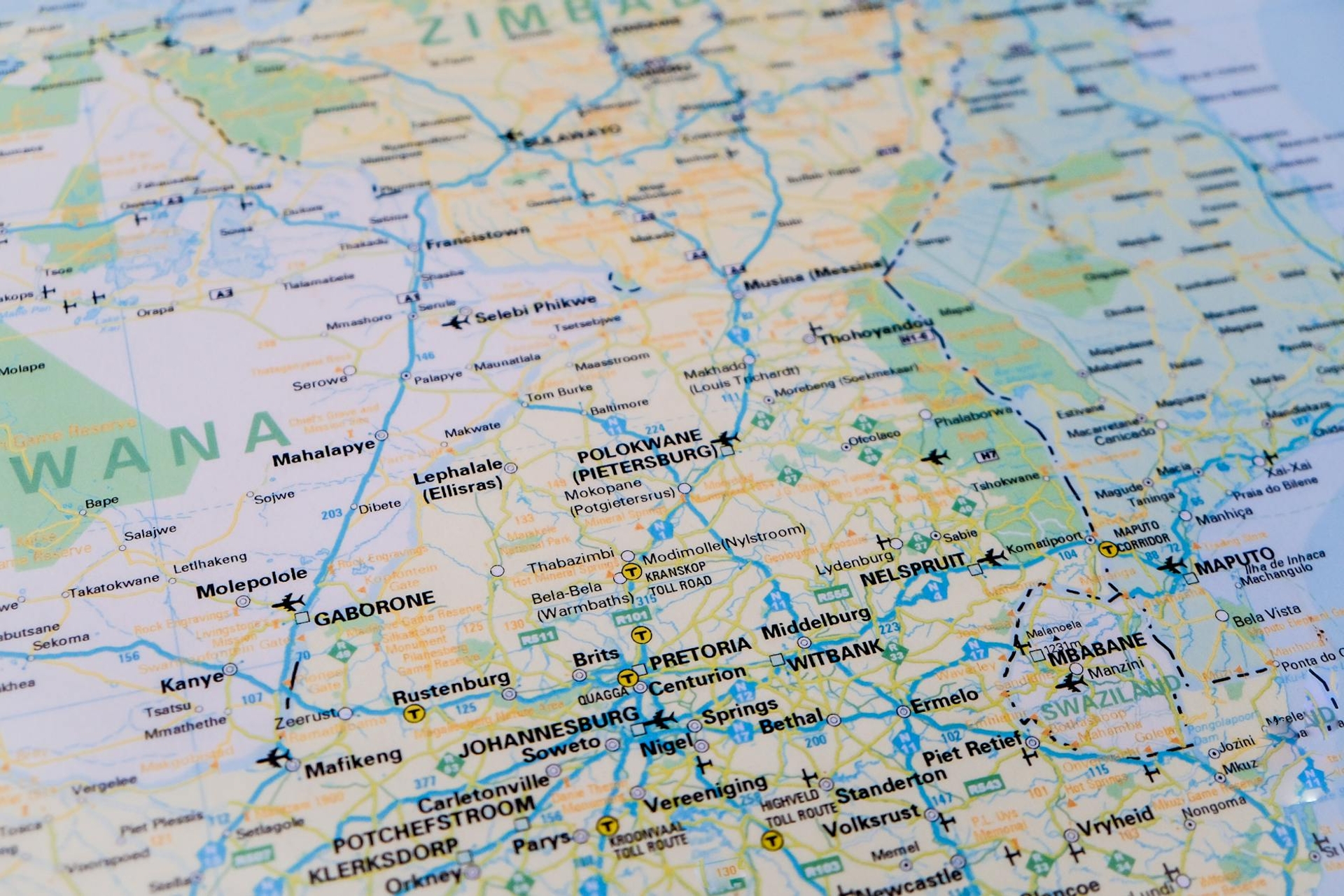 A road map centred on Botswana, Zimbabwe and South Africa