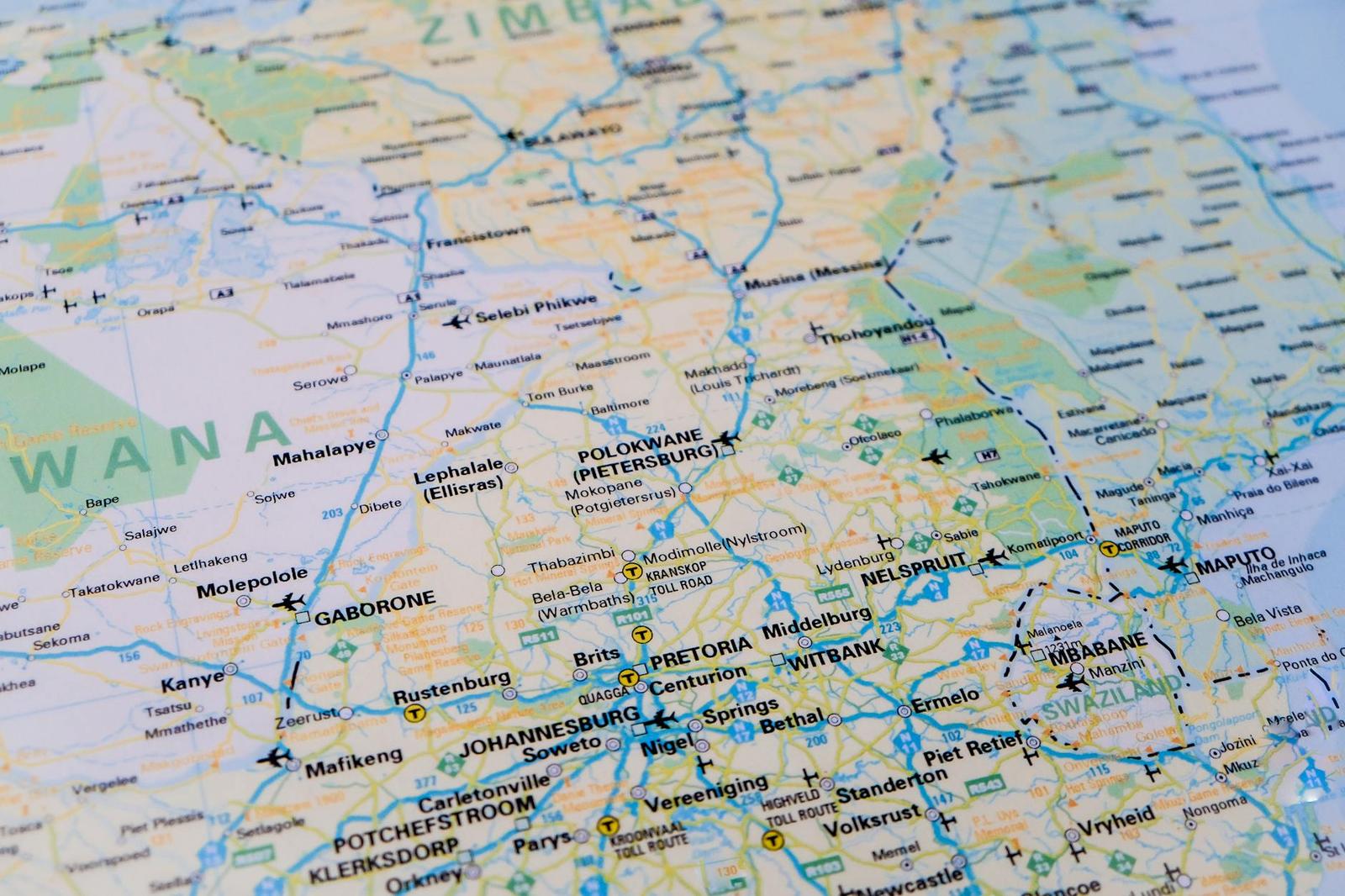 A road map centred on Botswana, Zimbabwe and South Africa