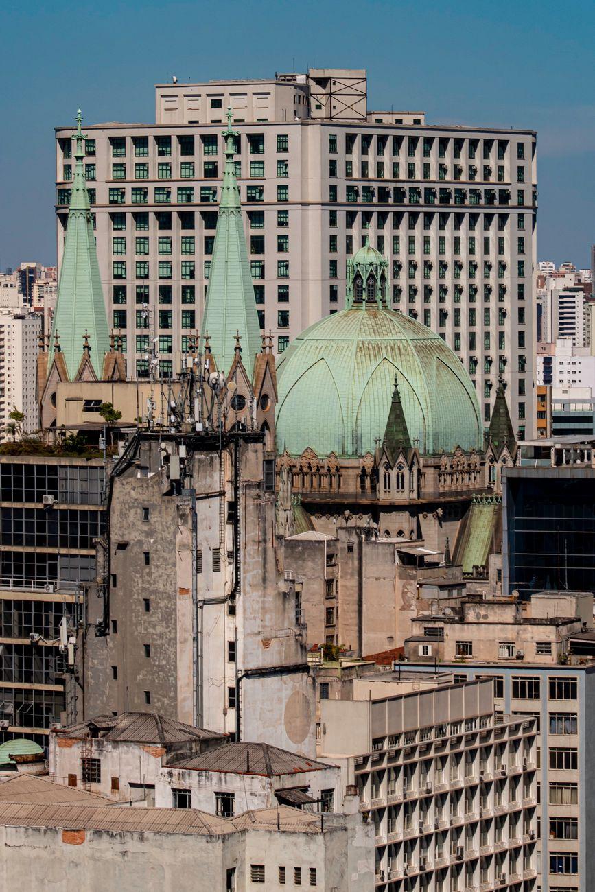A vibrant view of São Paulo's iconic cathedral and surrounding urban architecture
