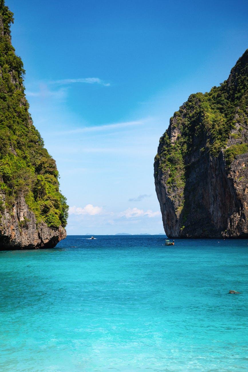 Turquoise bay framed by two towering limestone cliffs