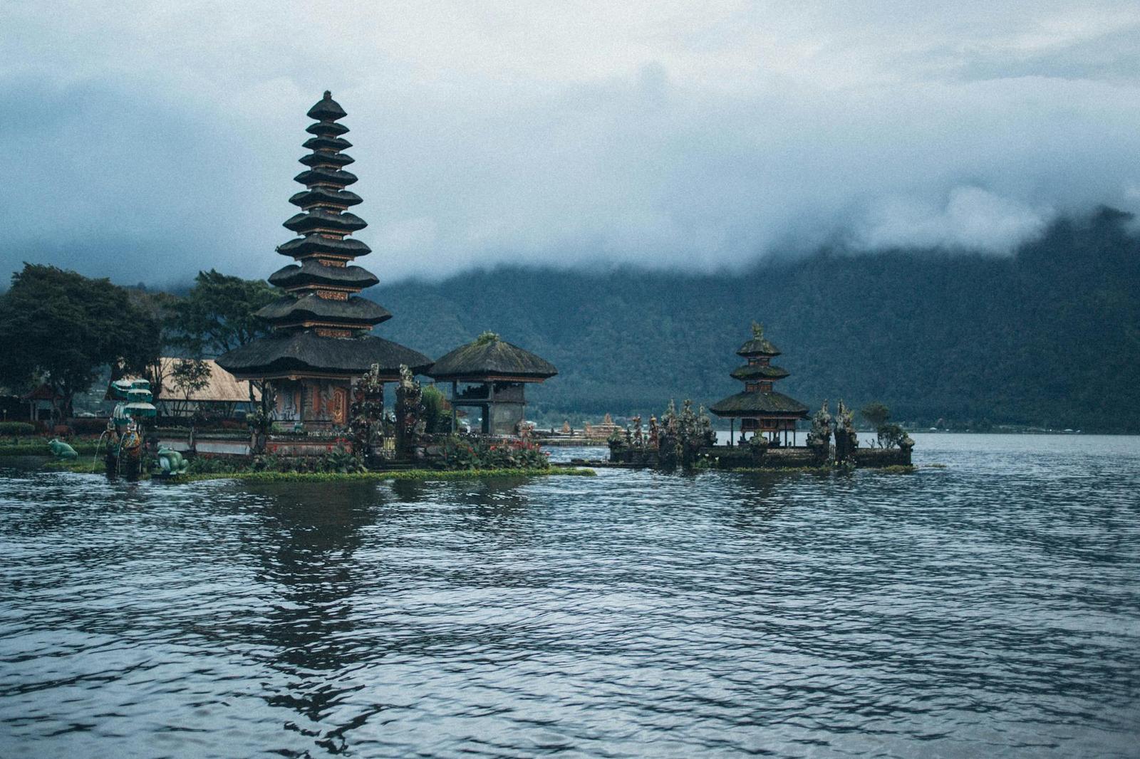 A serene view of Ulun Danu Beratan Temple on Lake Bratan, Bali