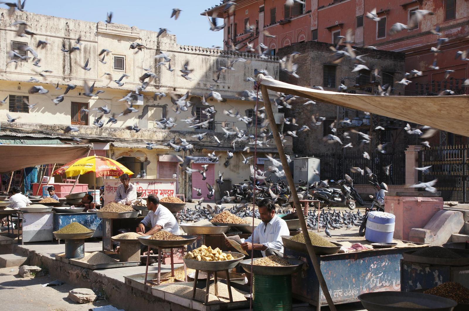 Pigeons taking flight over a market square with vendors and stalls