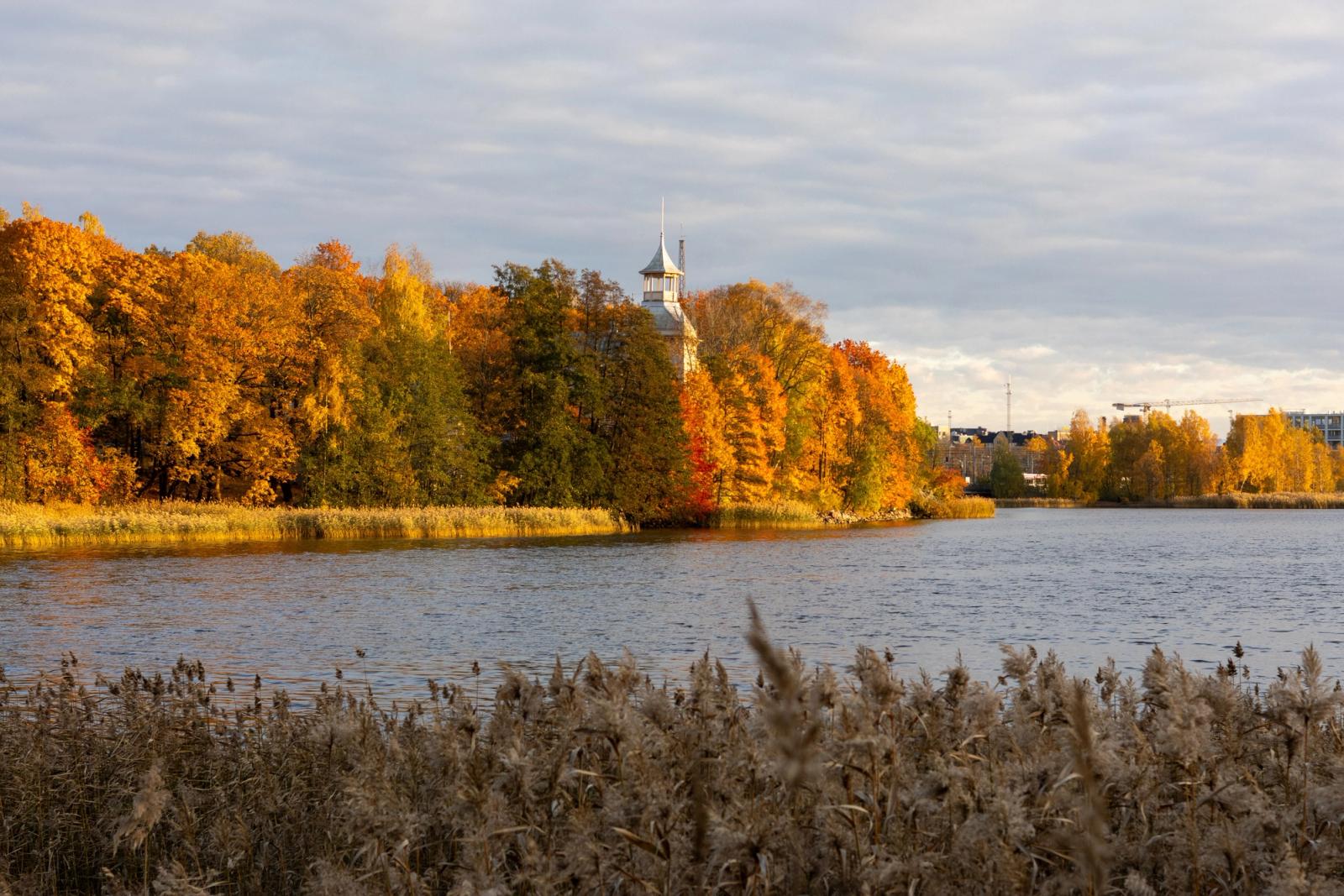 Peaceful autumn scene with colorful trees and tranquil lake in Helsinki, Finland