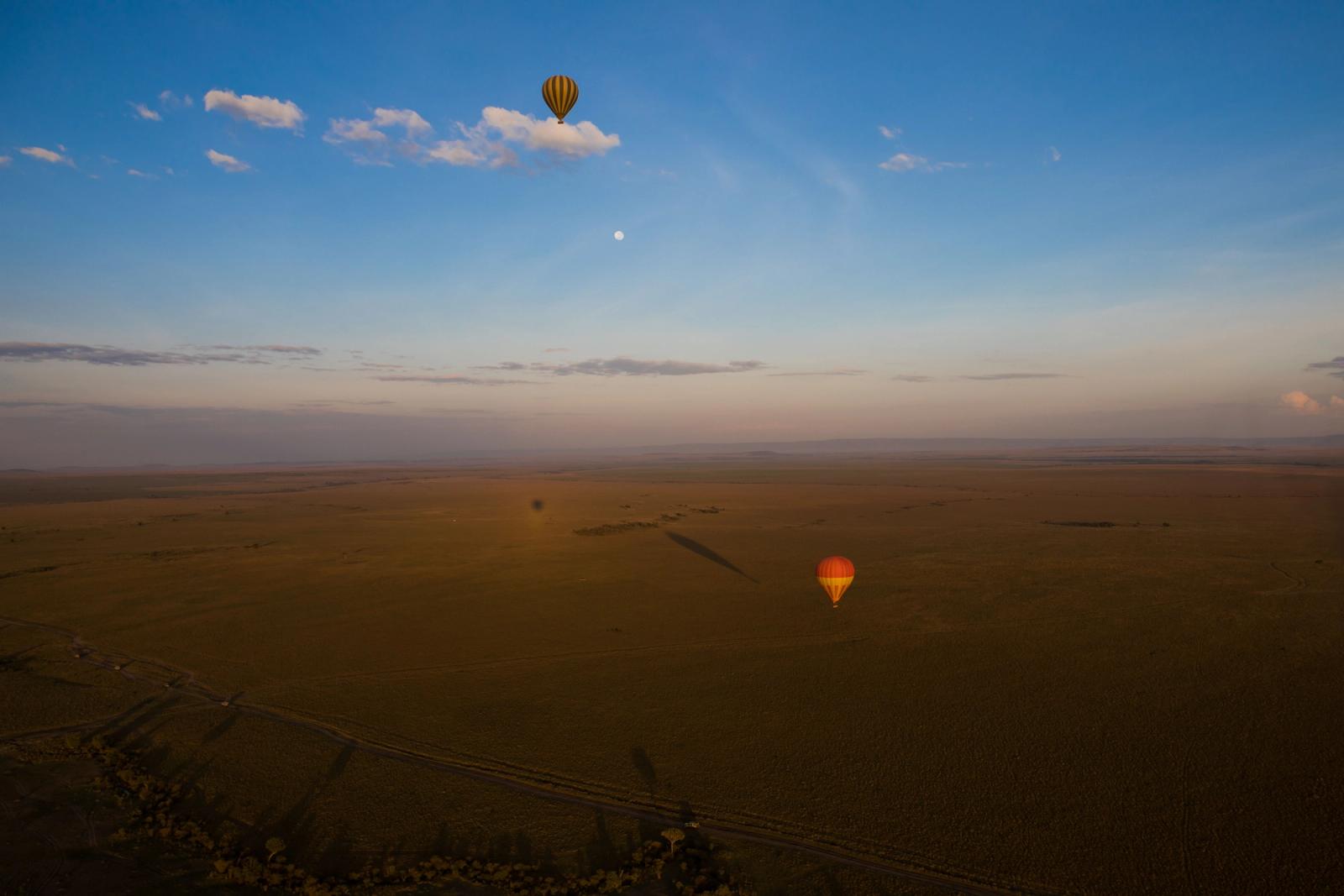 Hot air balloons rising over open plains as the sun comes up