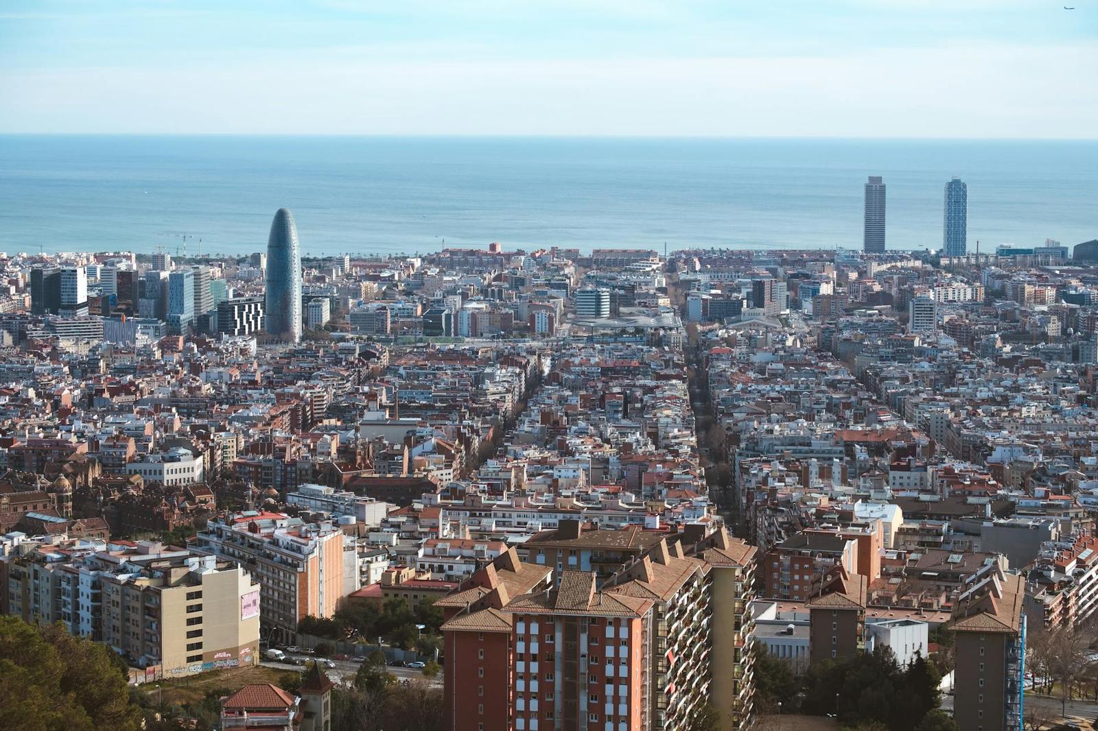Aerial view of a dense coastal city grid stretching toward the sea