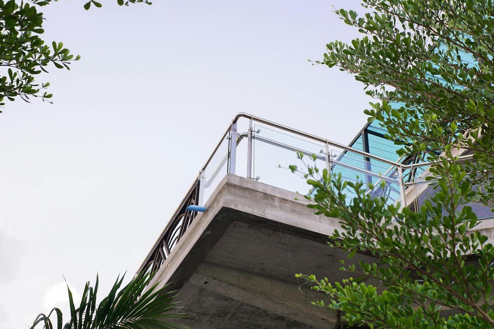 Looking up at a glass-railed rooftop balcony corner framed by tree branches