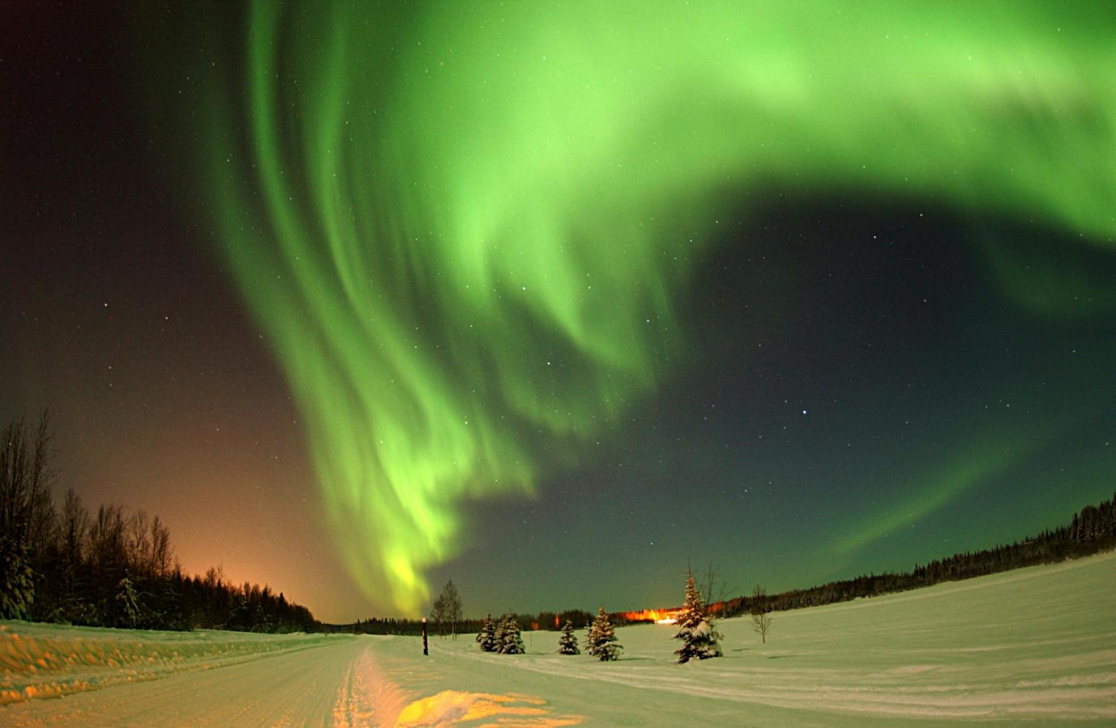 Bright green aurora sweeping over a snowy road and forest