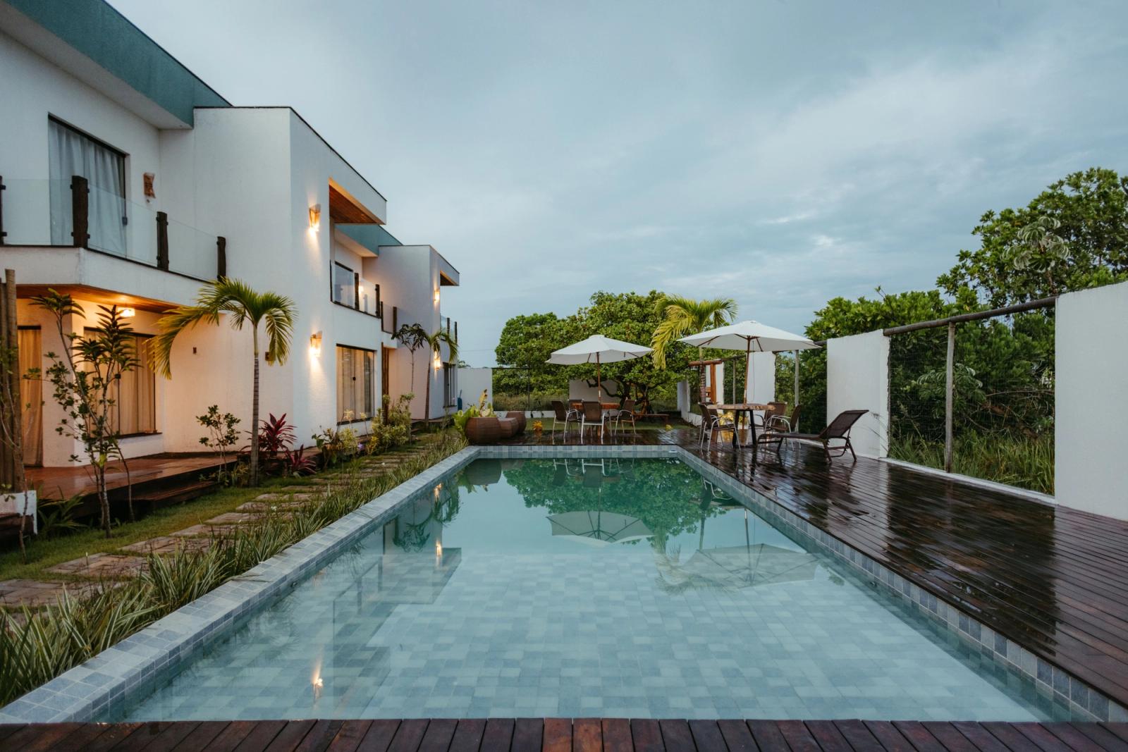 Stunning contemporary home in Bahia, Brazil, featuring a refreshing pool and lush surroundings
