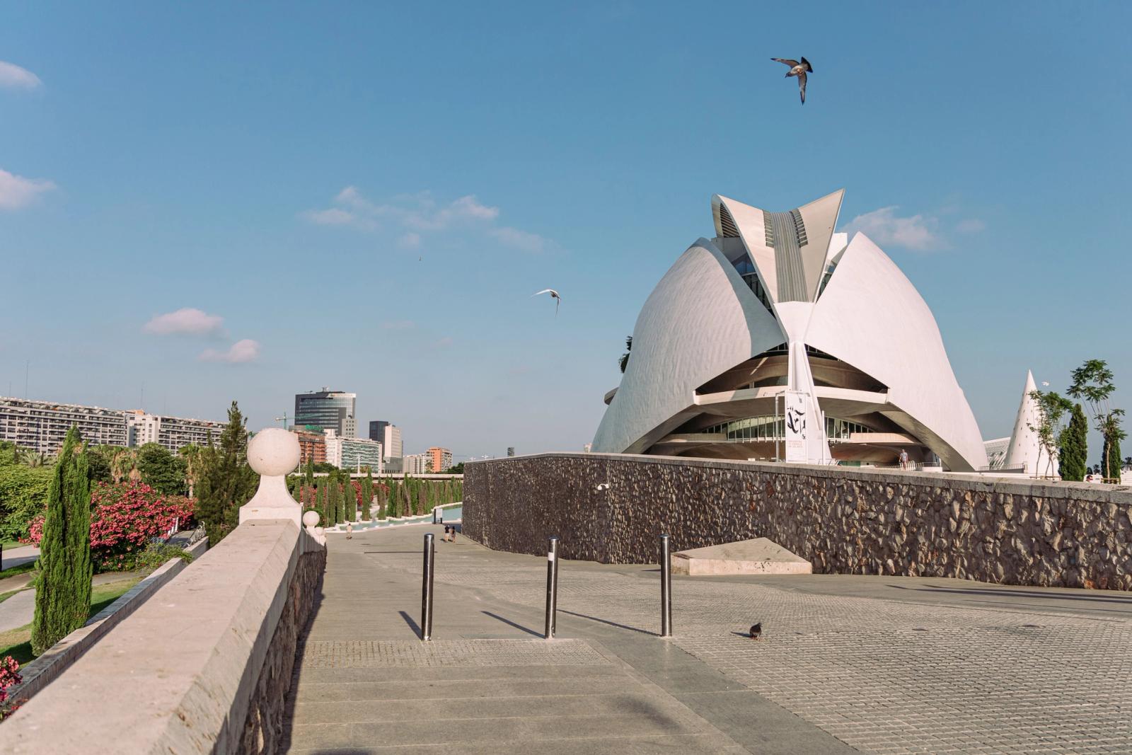Stunning view of the Queen Sofia Palace of Arts in Valencia, Spain with modern architecture and clear skies