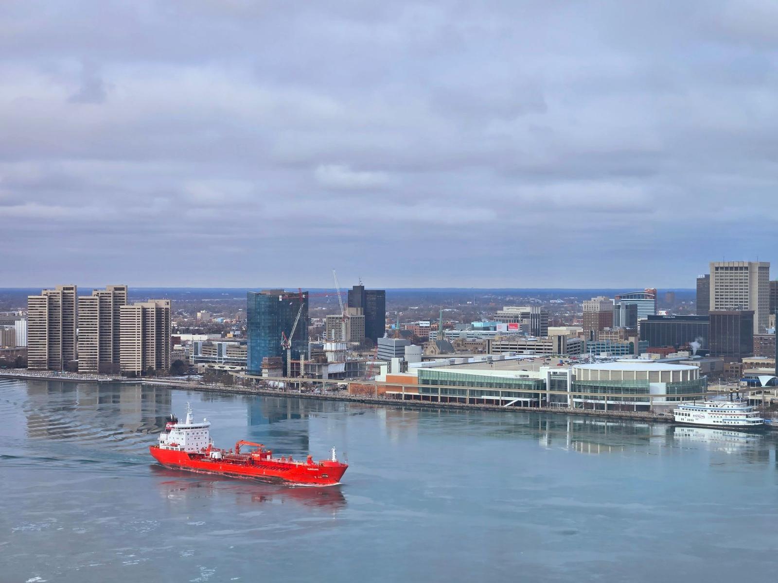 A red cargo ship passing a waterfront city skyline under grey skies