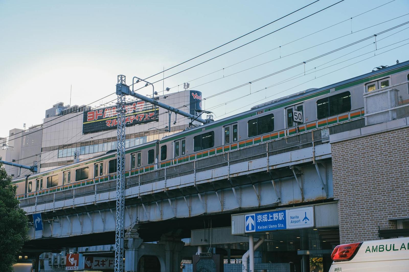 A commuter train crossing an elevated bridge through a city district